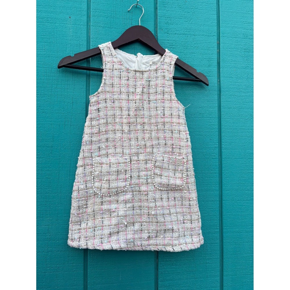 Rachel Zoe Girls Tweed Dress Pearls Pockets Pink Blue White Size 5